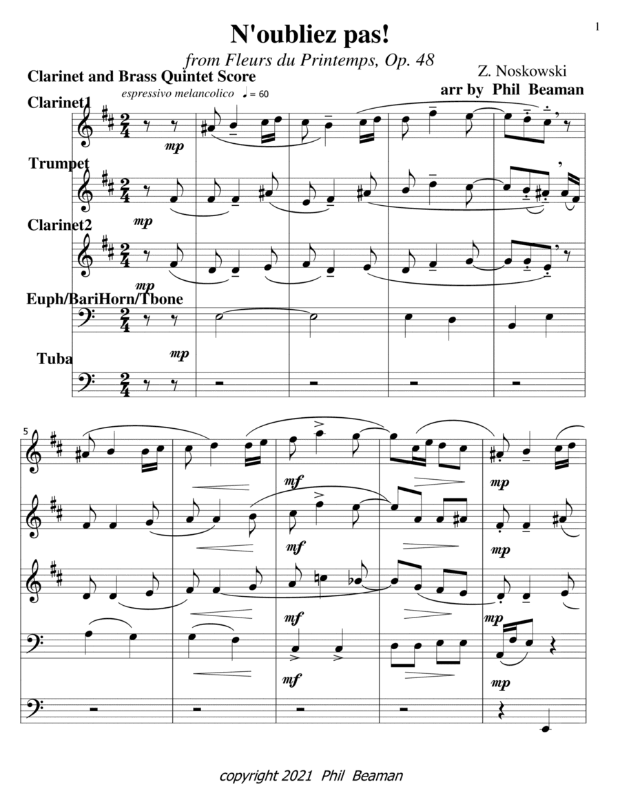 N'oubliez pas!-Noskowski-Clarinet and Brass Quintet (arr. Phil Beaman)