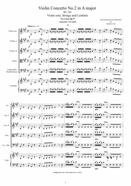 Vivaldi - Violin Concerto No.2 in A major RV 345 for Violin, Strings and Cembalo (arr. Santino Cara)