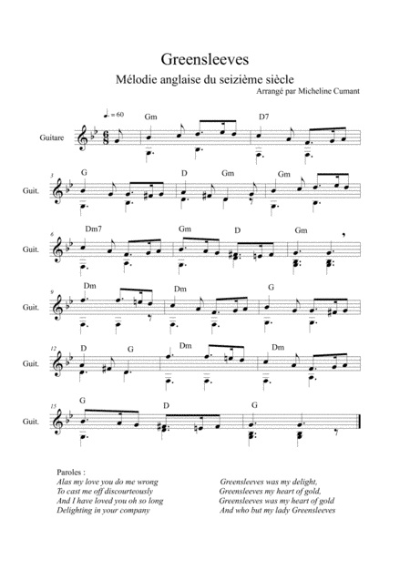 Greensleeves - Mélodie anglaise du seizième siècle - Arrangée pour guitare par Micheline Cumant (arr. Cumant Micheline)