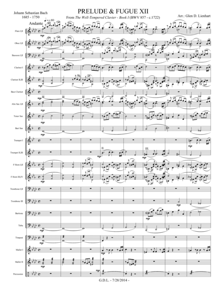 Prelude no. 12, Well-Tempered Clavier, Book II - Extra Score (arr. Glen D. Lienhart)