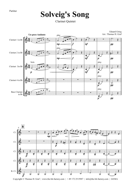 Solveig's Song - from Peer Gynt Suite - Clarinet Quintet (arr. Thomas H. Graf)