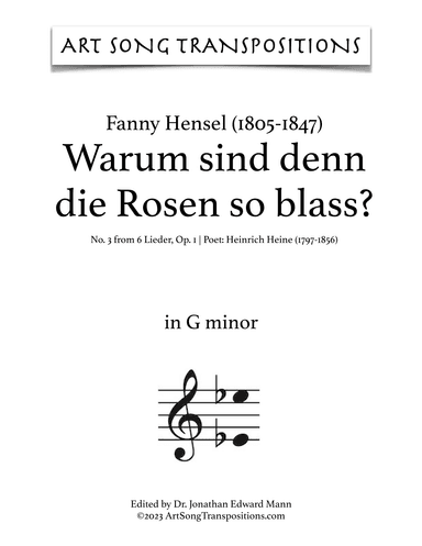 HENSEL: Warum sind denn die Rosen so blass? Op. 1 no. 3 (transposed to G minor) (arr. ArtSongTranspositions.com)
