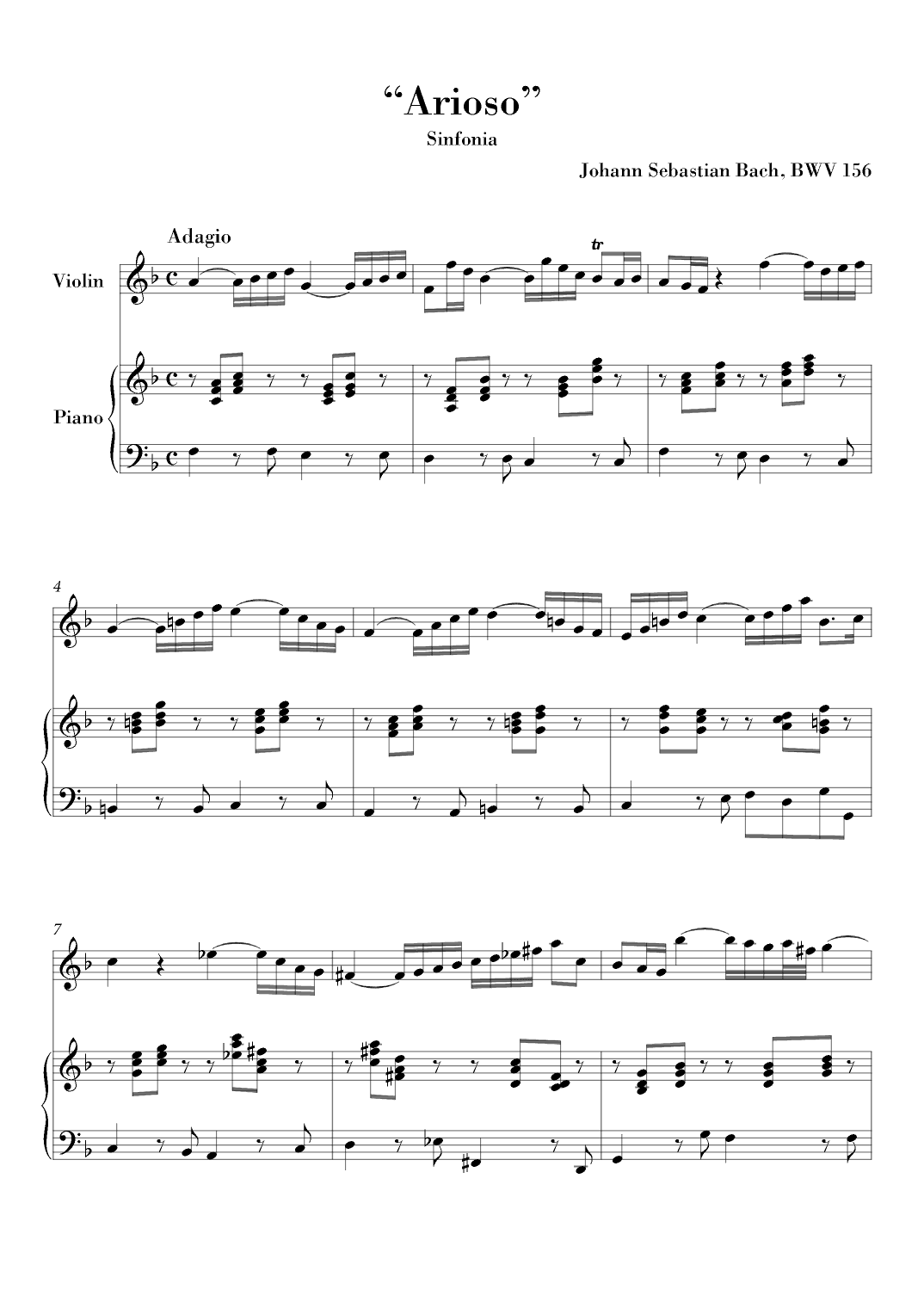 Bach - Arioso BWV 156 for Violin and Piano (arr. Ahiva Editions)