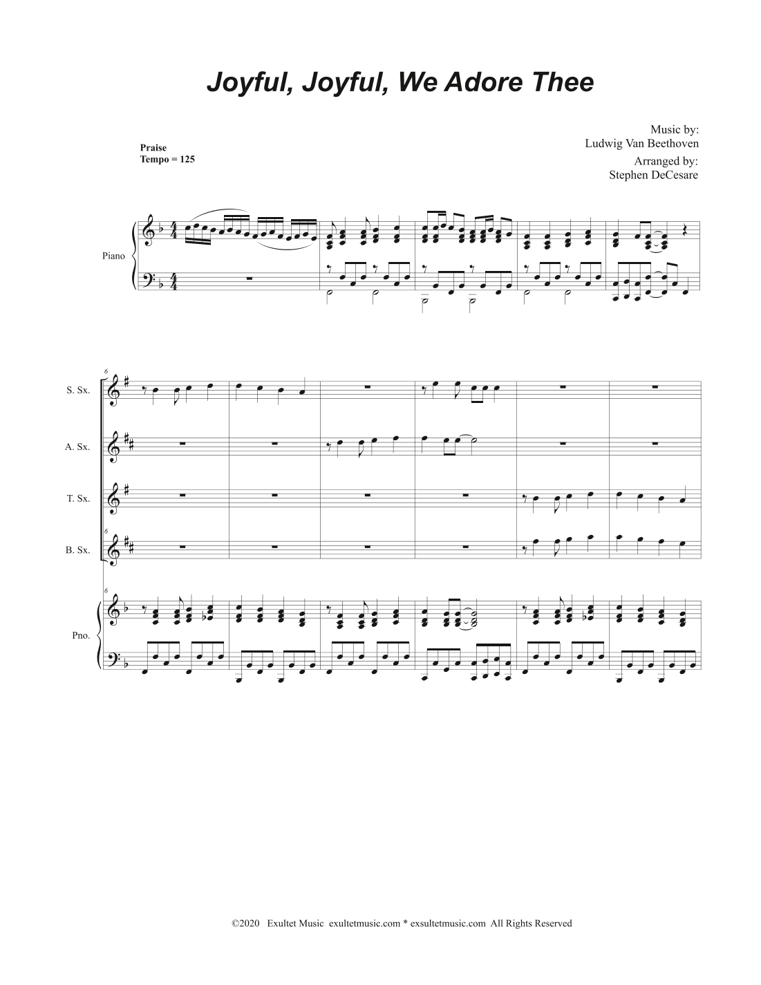 Joyful, Joyful, We Adore Thee (Saxophone Quartet and Piano) (arr. Stephen DeCesare)