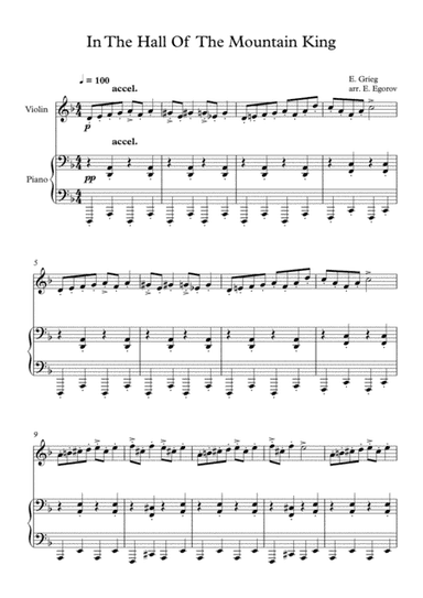 In The Hall Of The Mountain King, Edvard Grieg, For Violin & Piano (arr. Eugene Egorov)