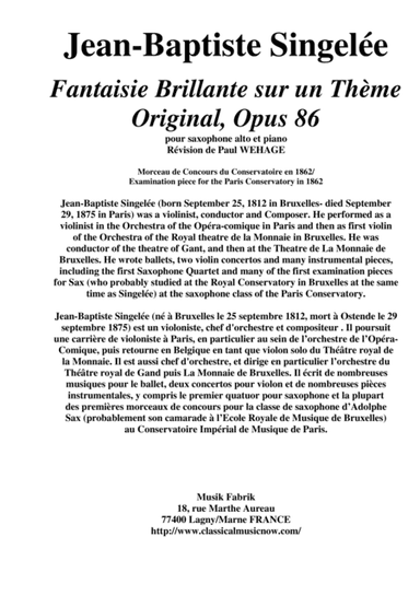 Jean-Baptiste Singelée: Fantaisie Brillante sur un Thème Original, Opus 86 pour saxophone alto et pi (arr. Musik Fabrik Music Publishing)