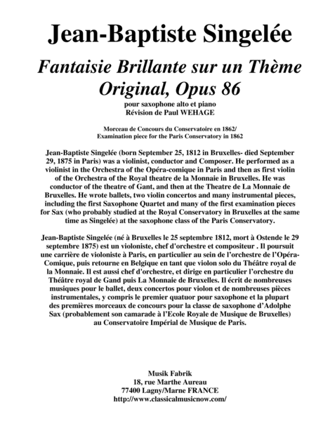 Jean-Baptiste Singelée: Fantaisie Brillante sur un Thème Original, Opus 86 pour saxophone alto et pi (arr. Musik Fabrik Music Publishing)