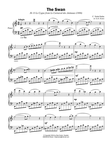 The Swan / Le cygne for easy piano solo (arr. K. Krantz)