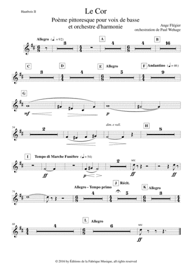 Ange Flégier: Le Cor for bass voice and concert band, oboe 2  part (arr. Paul Wehage)