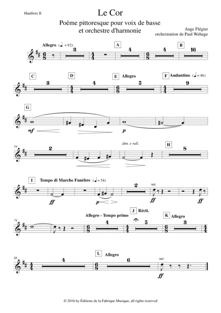 Ange Flégier: Le Cor for bass voice and concert band, oboe 2  part (arr. Paul Wehage)