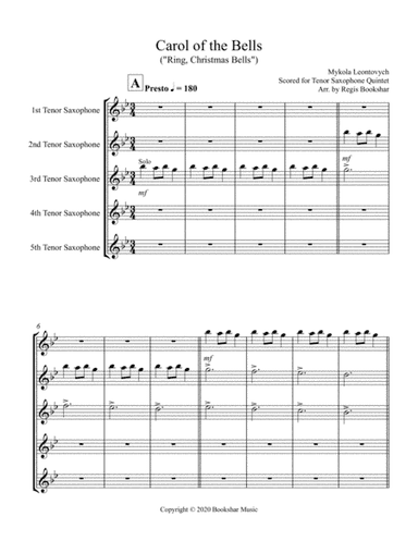 Carol of the Bells (F min) (Tenor Saxophone Quintet) (arr. Regis Bookshar)