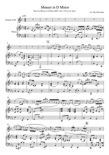 Bach - Minuet in D Minor, BWV Anh. 132 (clarient & piano) (arr. David Kocijan)