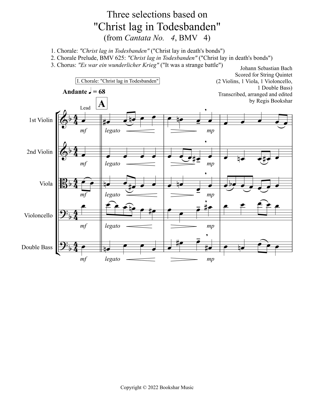 Three selections based on "Christ lag in Todesbanden" (String Quintet - 2 Violin, 1 Viola, ...) (arr. Regis Bookshar)