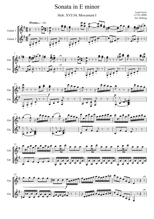 Haydn Keyboard Sonata in E Minor Hob XVI no 34 (Guitar Duet) (arr. Jackson Roberg)