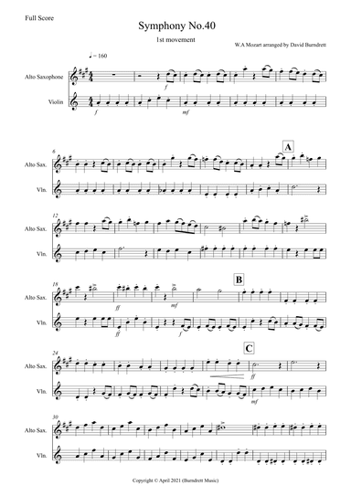 Symphony No.40 (1st movement) for Alto Saxophone and Violin (arr. David Burndrett)