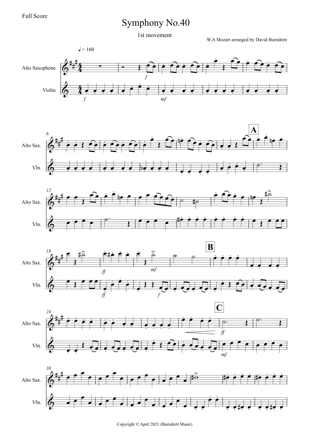 Symphony No.40 (1st movement) for Alto Saxophone and Violin (arr. David Burndrett)
