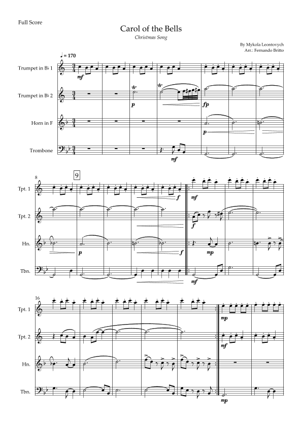 Carol of The Bells - Jazz Version (Christmas Song) for Brass Quartet (arr. Fabio Britto)