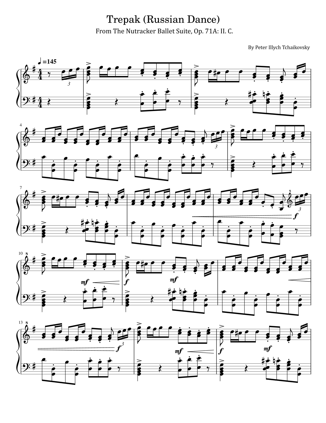 Tchaikovsky - Trepak (Russian Dance) - From The Nutracker Ballet Suite, Op. 71 - For Piano Solo (arr. poon)