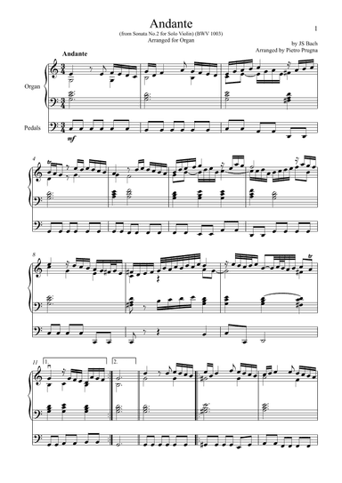 Andante in C major (BWV 1003) (from Sonata No. 2 for Solo Violin) - arranged for Organ (arr. Pietro Prugna)