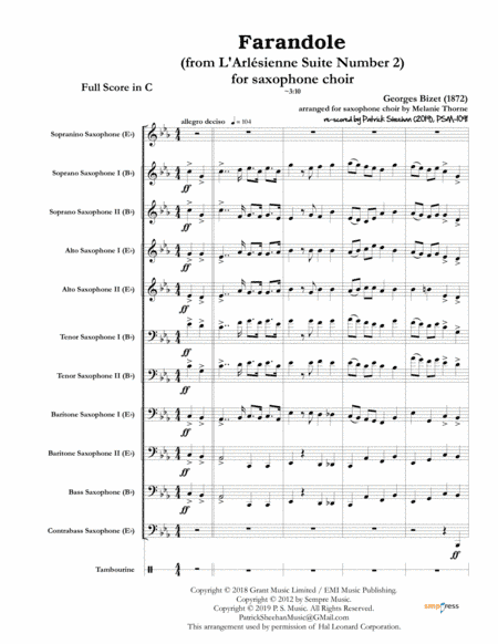Farandole (from L’Arlesienne Suite Number 2) (for saxophone choir) (full score & set of parts) (arr. Patrick Sheehan)