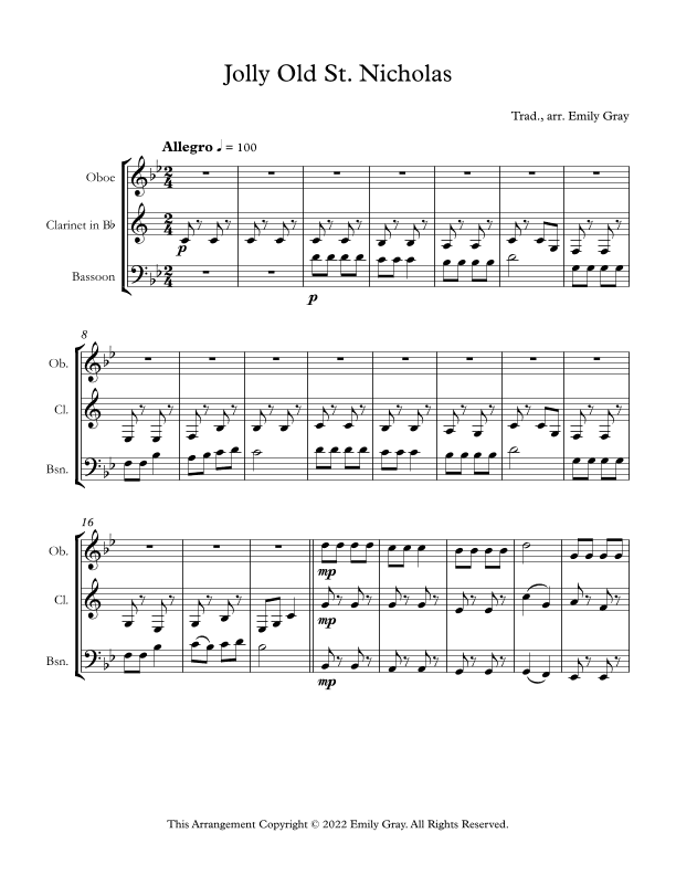 Jolly Old St. Nicholas (Woodwind Trio) (arr. Emily Gray)