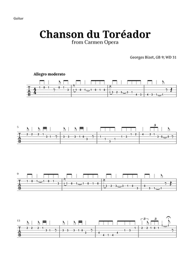 Chanson du Toreador by Bizet for Guitar TAB (arr. Langanho)