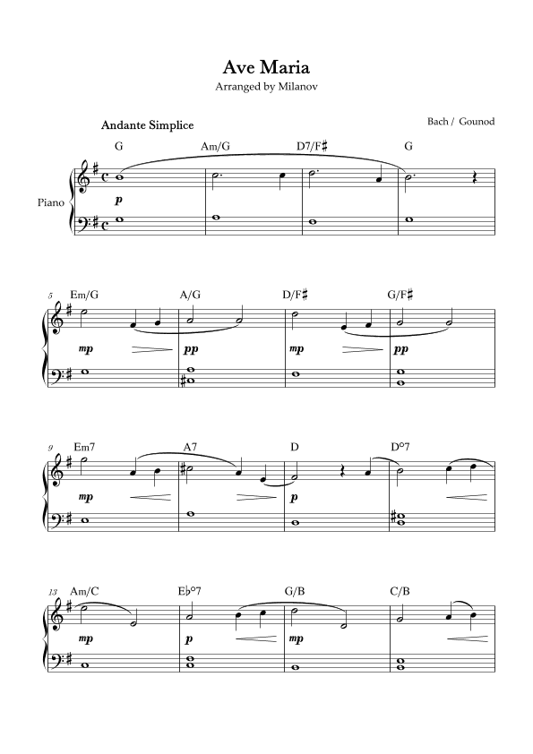 Ave Maria Bach Gounod in G Easy Beginner Piano Chord (arr. Milanov)