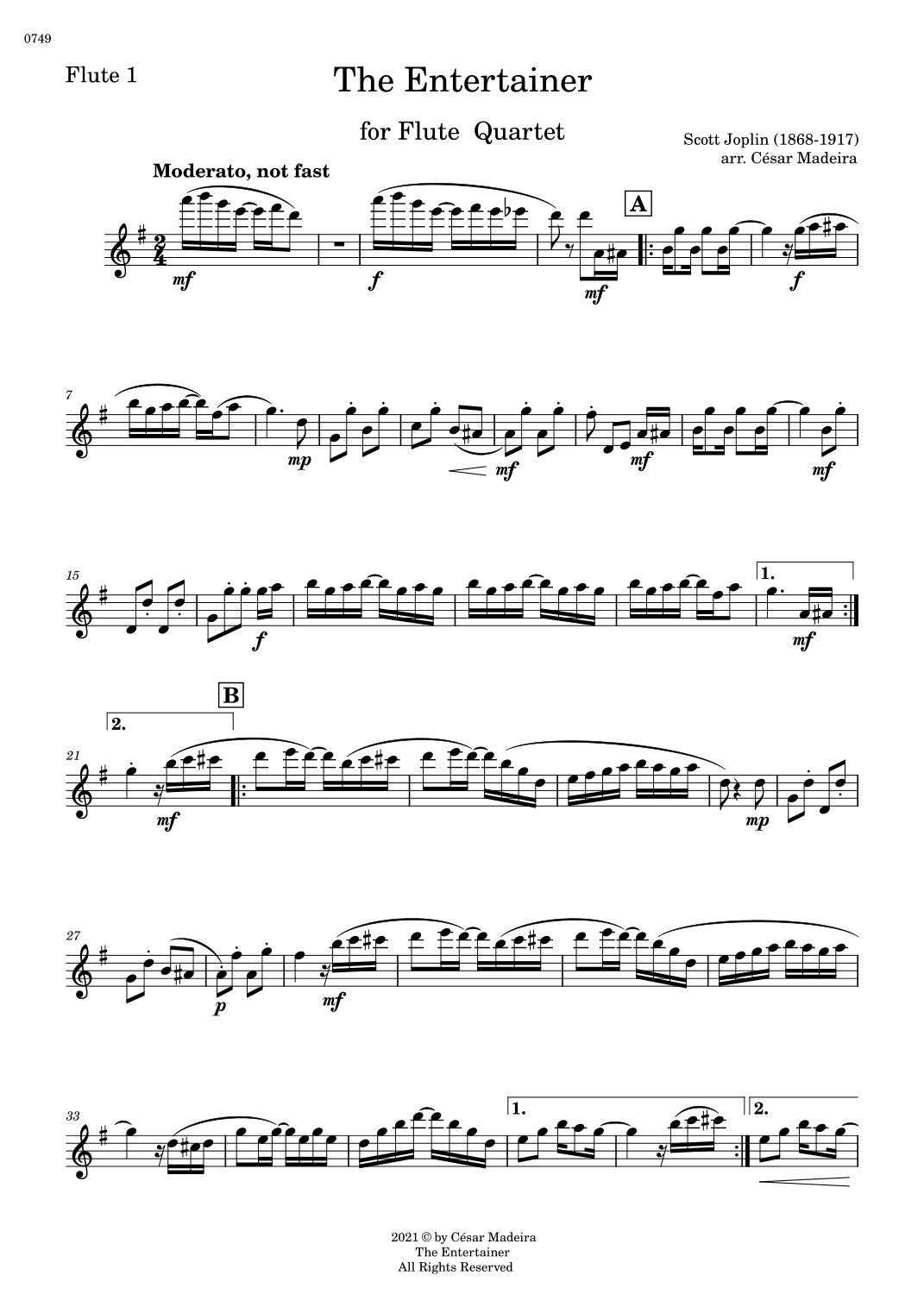 The Entertainer by Joplin - Flute Quartet (Individual Parts) (arr. César Madeira)