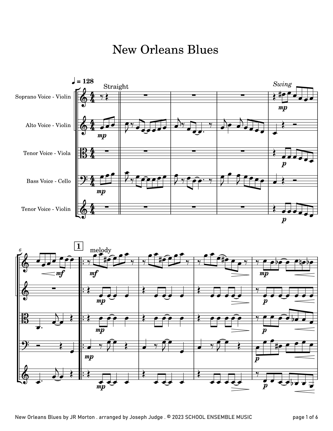 New Orleans Blues by Morton for String Quartet in Schools (arr. Joseph Judge)