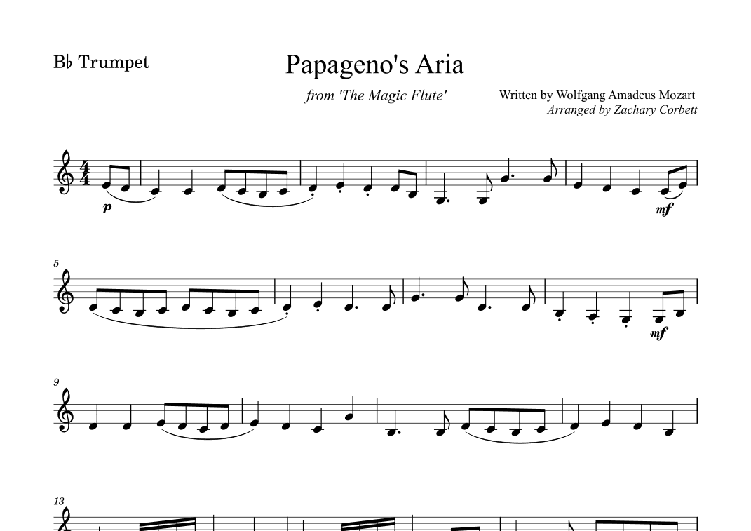 Papageno's Aria from The Magic Flute (arr. Zachary Corbett)