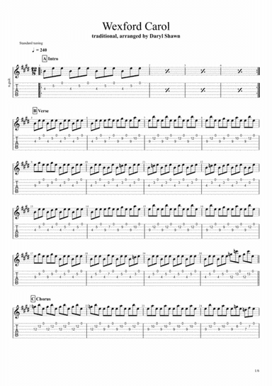 Wexford Carol (traditional), for solo fingerstyle guitar (arr. Daryl Shawn)