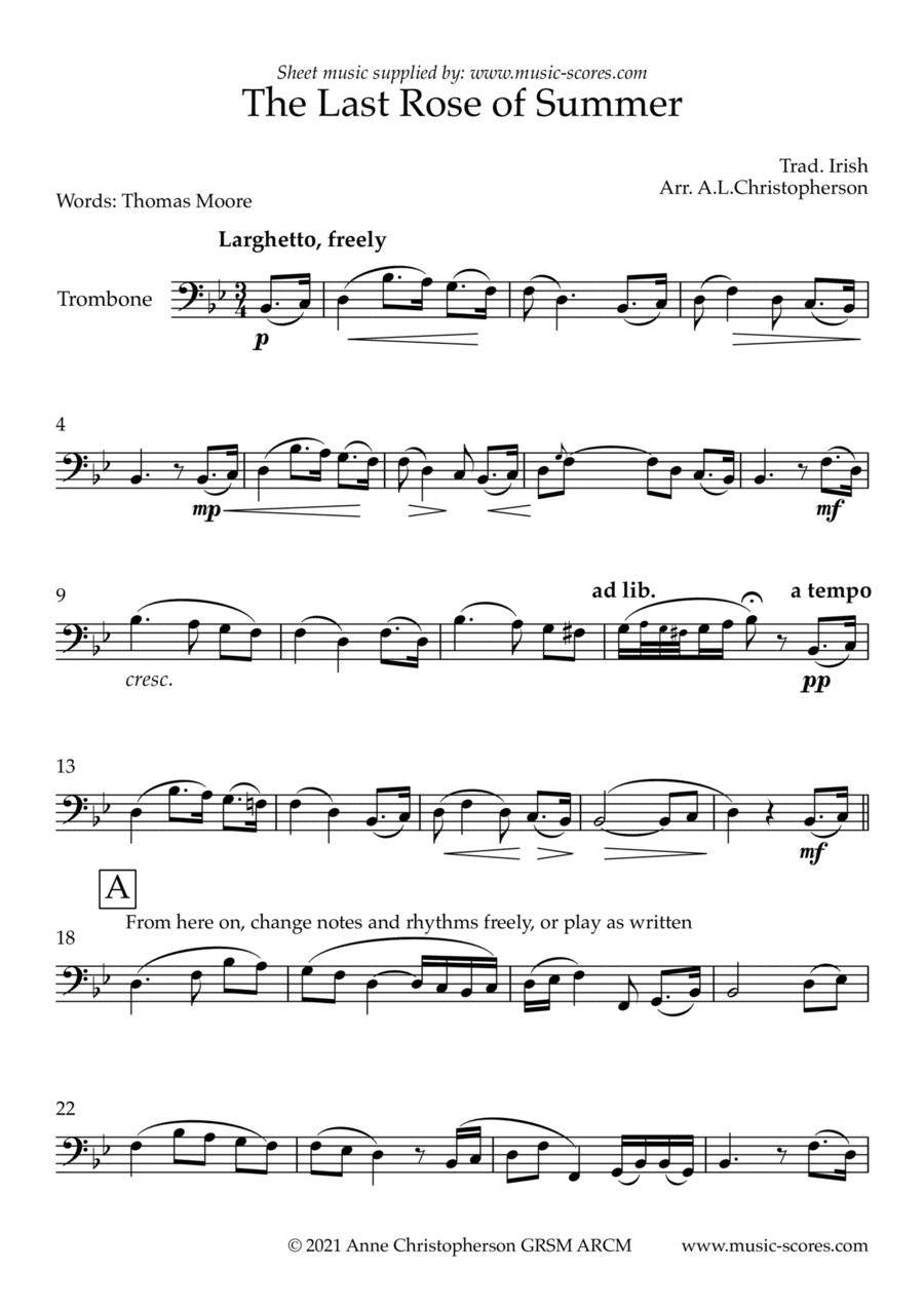 The Last Rose of Summer - Unaccompanied Trombone (arr. Anne L Christopherson GRSM ARCM)
