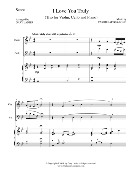 I LOVE YOU TRULY (Trio – Violin, Cello, and Piano with Score and Parts) (arr. Gary Lanier)