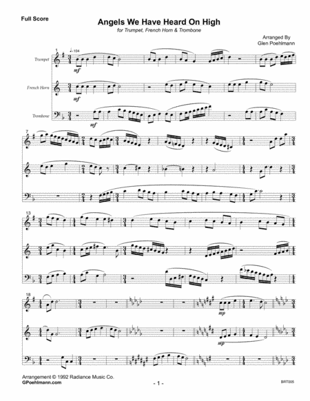 ANGELS WE HAVE HEARD ON HIGH - unaccompanied BRASS TRIO (arr. Glen Poehlmann)