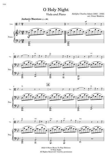O Holy Night - Viola and Piano - W/Chords (Full Score and Parts) (arr. César Madeira)