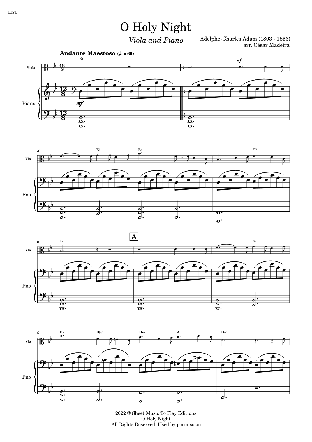 O Holy Night - Viola and Piano - W/Chords (Full Score and Parts) (arr. César Madeira)
