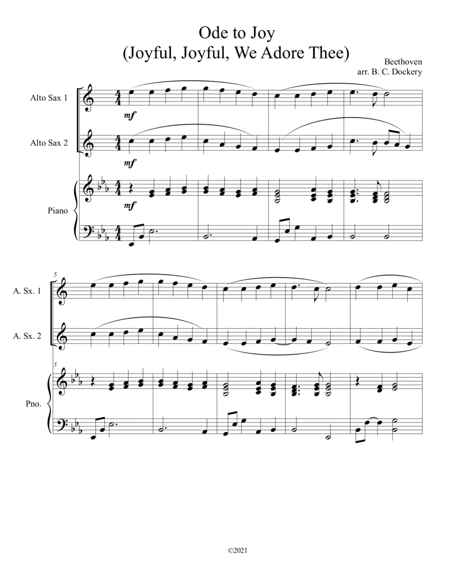 Ode to Joy (Joyful, Joyful, We Adore Thee) for alto sax duet with piano accompaniment (arr. B. C. Dockery)