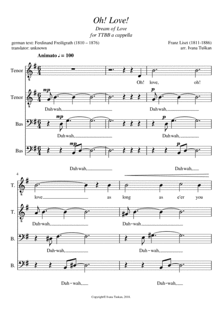 Dream of Love, TTBB, G major (arr. Ivana Tuskan)