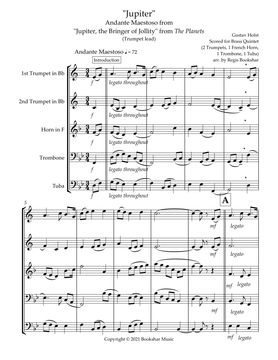 Jupiter (Andante Maestoso from "Jupiter, the Bringer of Jollity" from The Planets) (Bb) (Brass Quint (arr. Regis Bookshar)