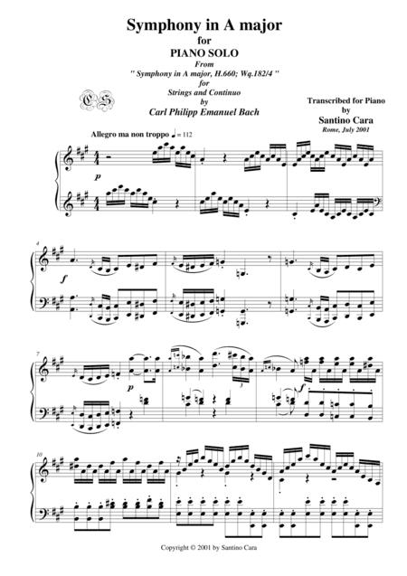 Bach C.P.E. Symphony no.4 in A major - Piano version (arr. Santino Cara)