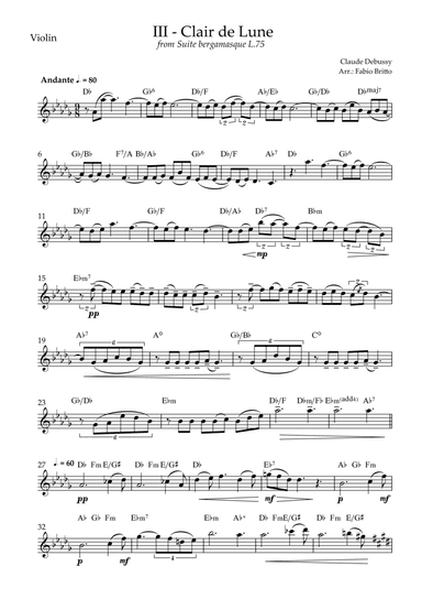 Clair de Lune (C. Debussy) for Violin Solo with Chords (Db Major) (arr. Fabio Britto)