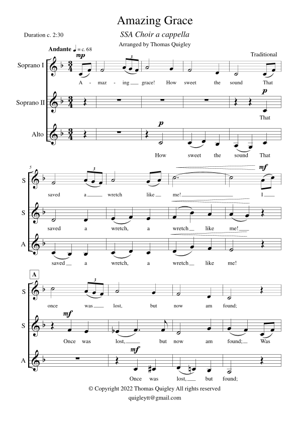 Amazing Grace (SSA a cappella) (arr. Thomas Quigley)