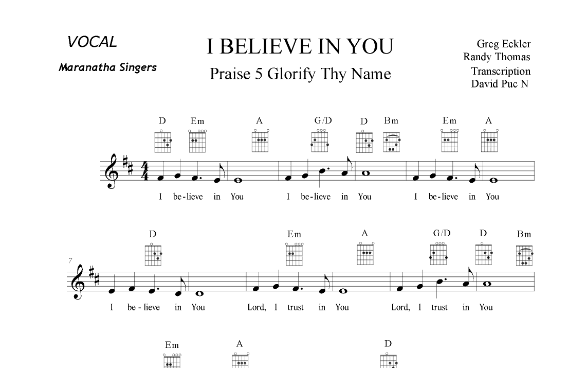 I BELIEVE IN YOU - Maranatha Singers - Vocal + Guitar (arr. Transcription David Puc N)