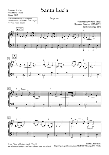 Santa Lucia [piano solo] (arr. Juan Maria Solare)