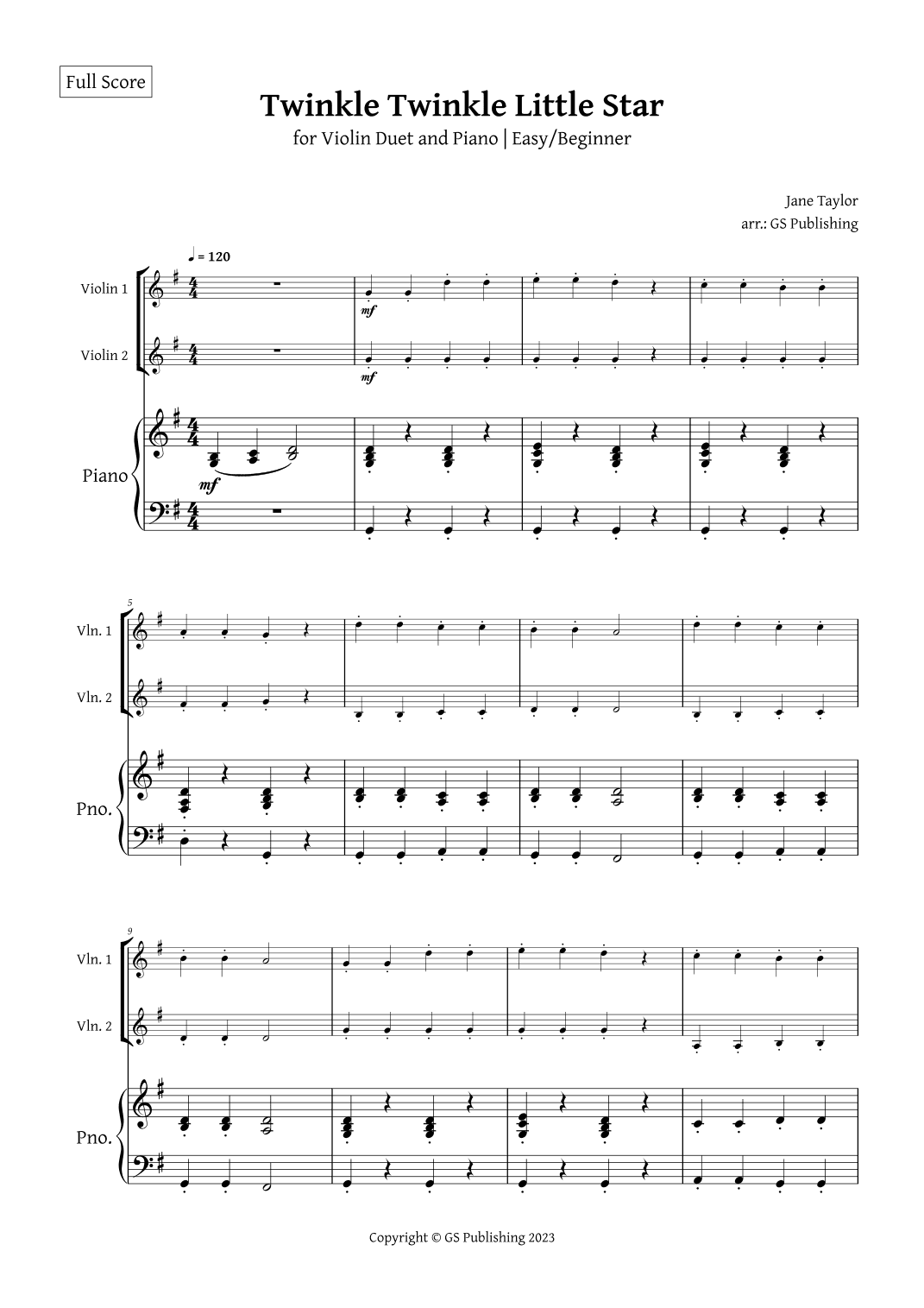Twinkle Twinkle Little Star for Violin Duet and Piano Easy Beginner (arr. GS Publishing)