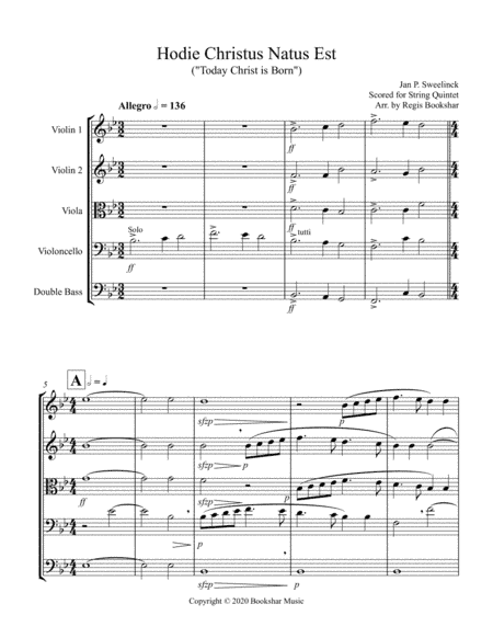 Hodie Christus Natus Est (String Quintet - 2 Violins, 1 Viola, 1 Cello, 1 Bass) (arr. Regis Bookshar)