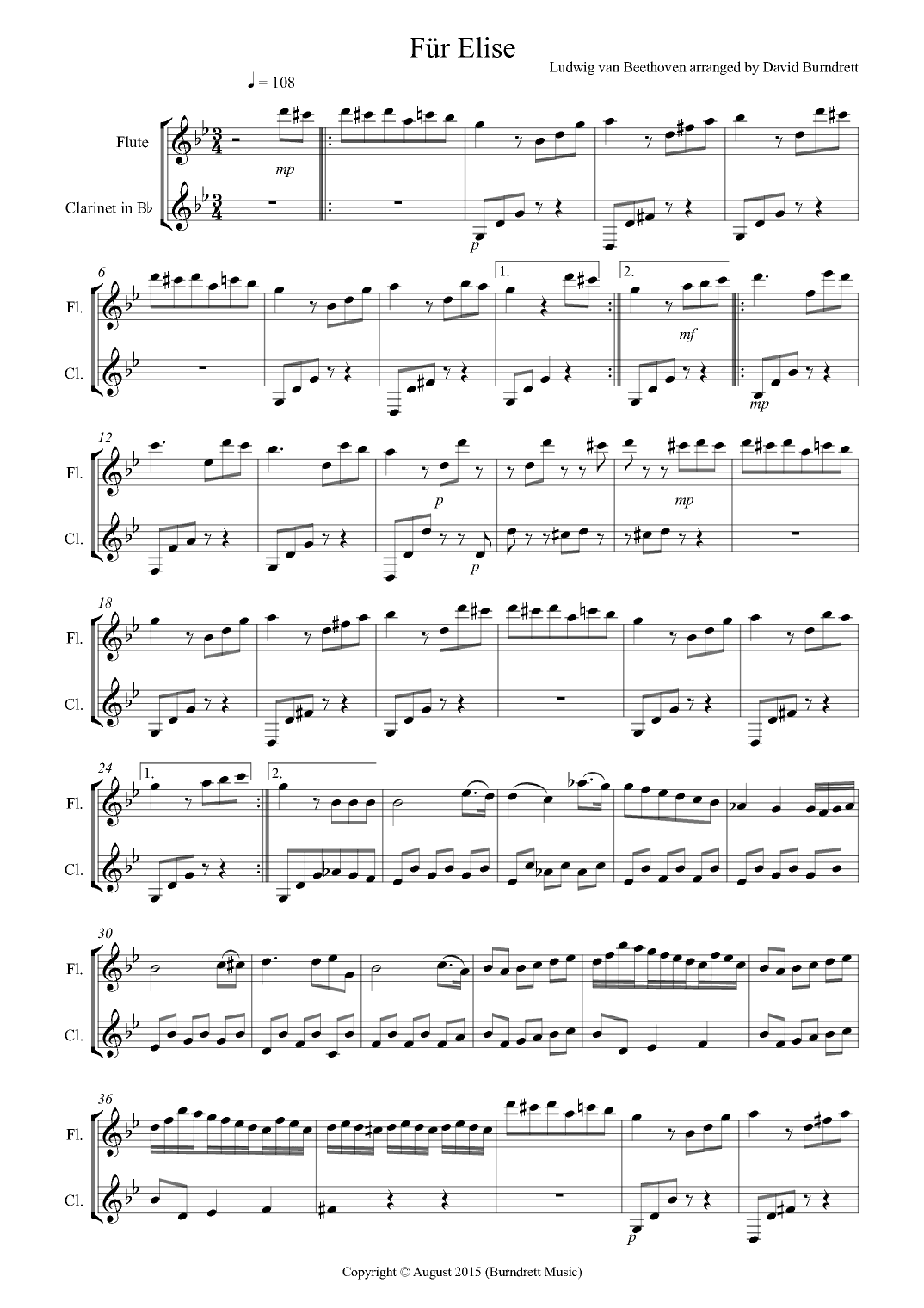 Fur Elise for Flute and Clarinet Duet (arr. David Burndrett)