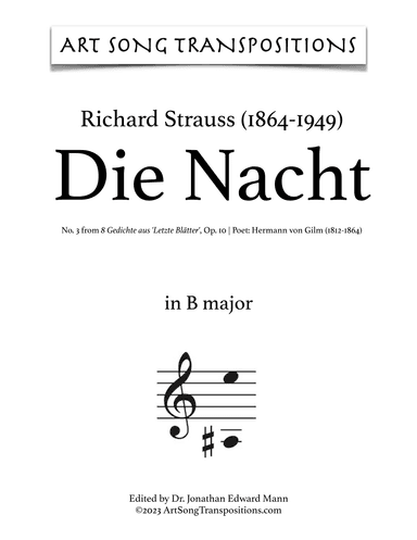 STRAUSS: Die Nacht, Op. 10 no. 3 (transposed to B major, B-flat major, and A major) (arr. ArtSongTranspositions.com)