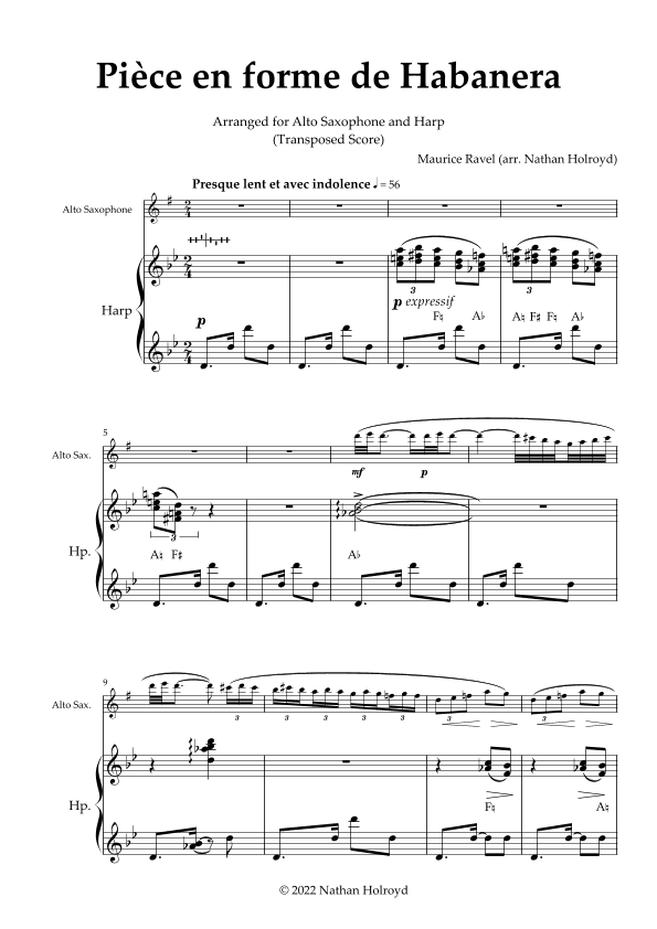 Pièce en forme de habanera (arr. for E-flat saxophone and harp) (arr. Nathan Holroyd)