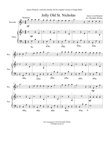 Christmas Duets for Recorder & Piano: Jolly Old St. Nicholas (arr. Meredith Whelan)